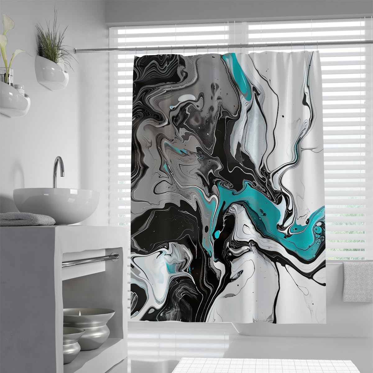 UIRINGART Artistic Shower Curtains W150xL200cm Turquoise Black Grey Abstract Swirl Paint Pattern Mildew Mould Resistant Waterproof Fabric Bathroom Wet Rooms
