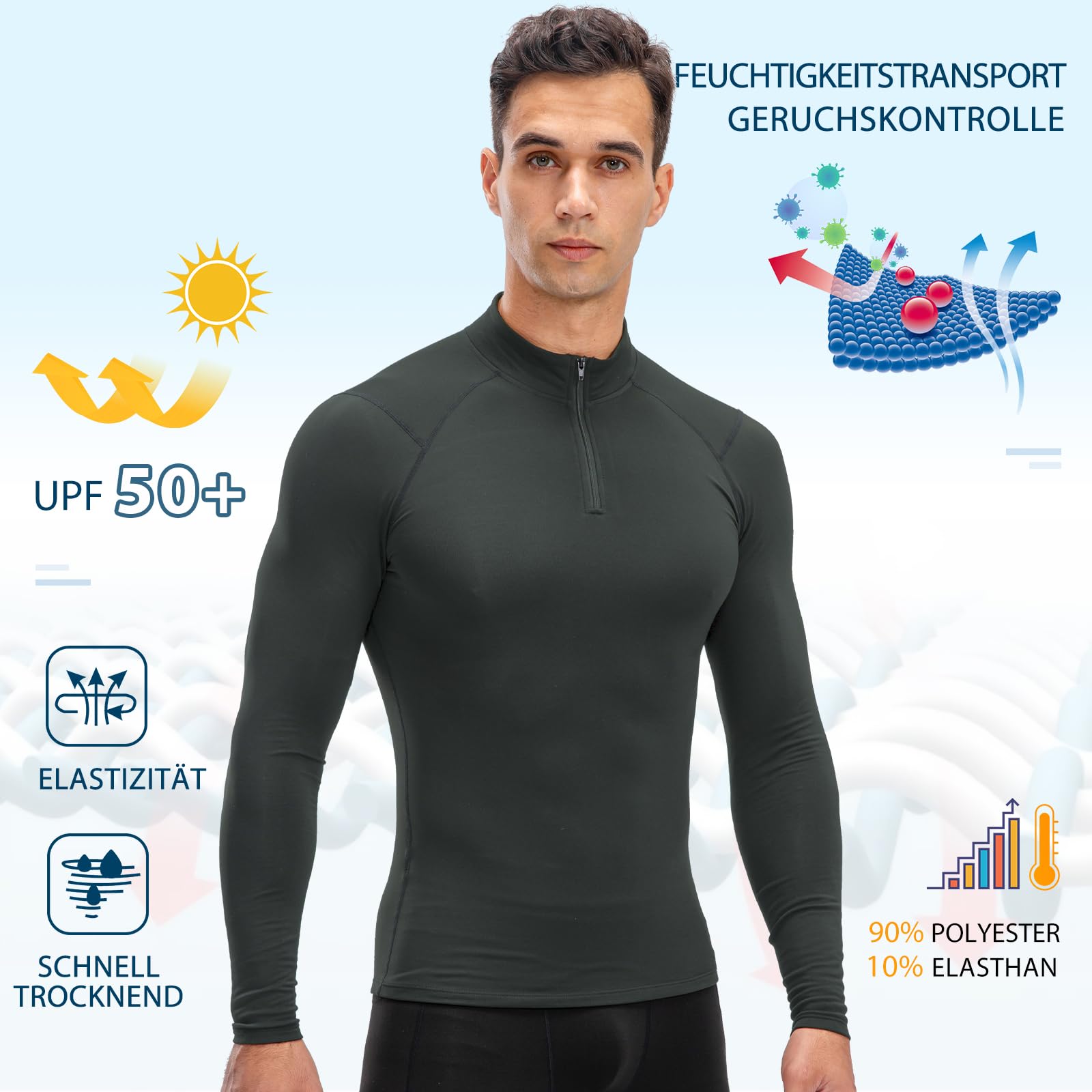 Thermounterwäsche Herren Oberteil 1/4 Zip Atmungsaktiv Skiunterwäsche Herren Langarm Weich Innenfleece Funktionsunterwäsche Männer Sport Gym Fitness Thermo Unterwäsche