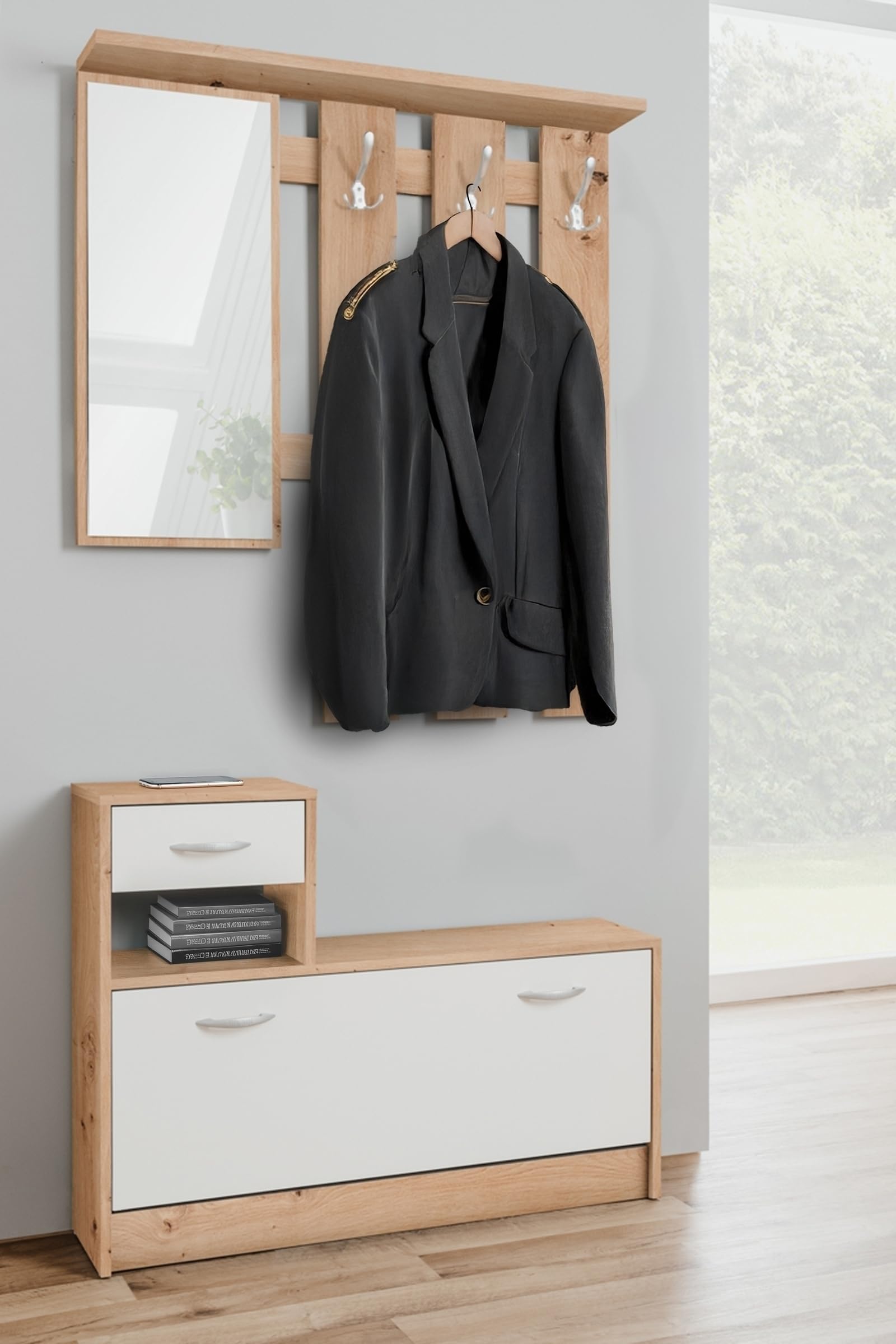 möbelando Kompaktgarderobe Rudolf Garderobe mit Spiegel Stauraum 100x180x25 cm Artisan Eiche Weiß