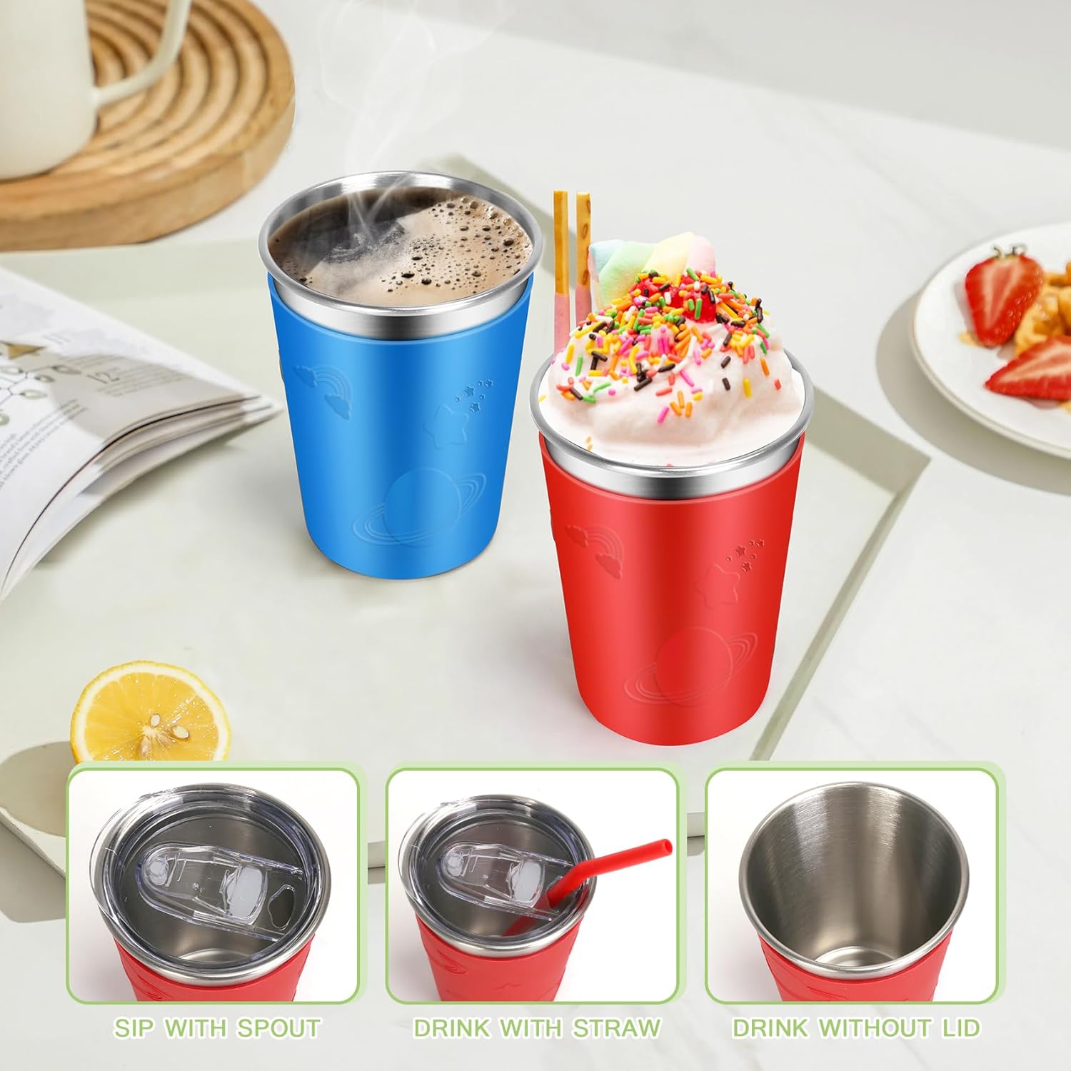 ShineMe Stainless Steel Kids Cups with Straws and Lids, 2 Pack Toddler Cups Spill Proof with Cute Sleeves in Bright Colors, 12oz Unbreakable Kids Drinking Tumblers for Cold/Hot Drinks (Red & Blue) - Image 6