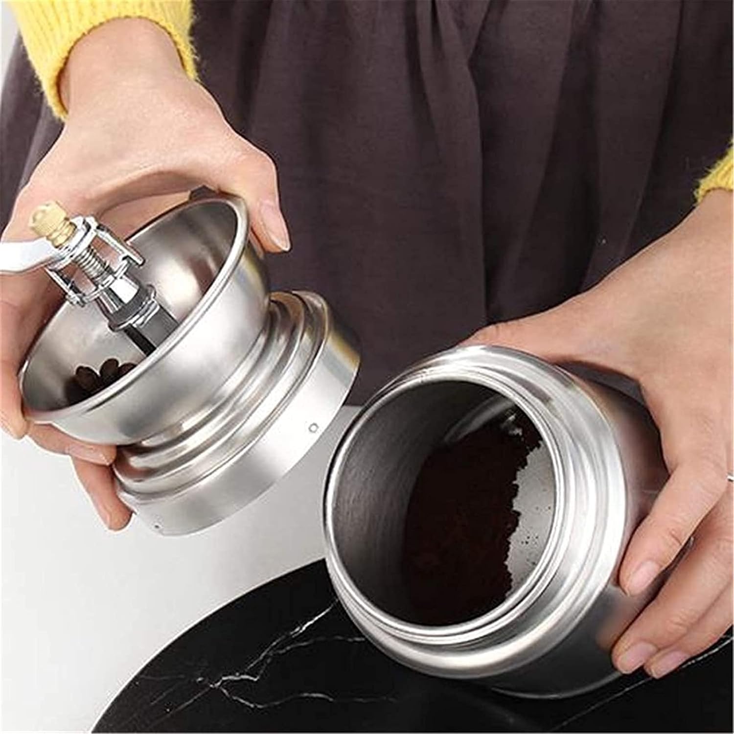 Manual Coffee Grinder Portable Hand Coffee Bean Mill with Ceramic Adjustable Knob Setting Stainless Steel Coffee Grinder in Kitchen and Hiking (SILVER)