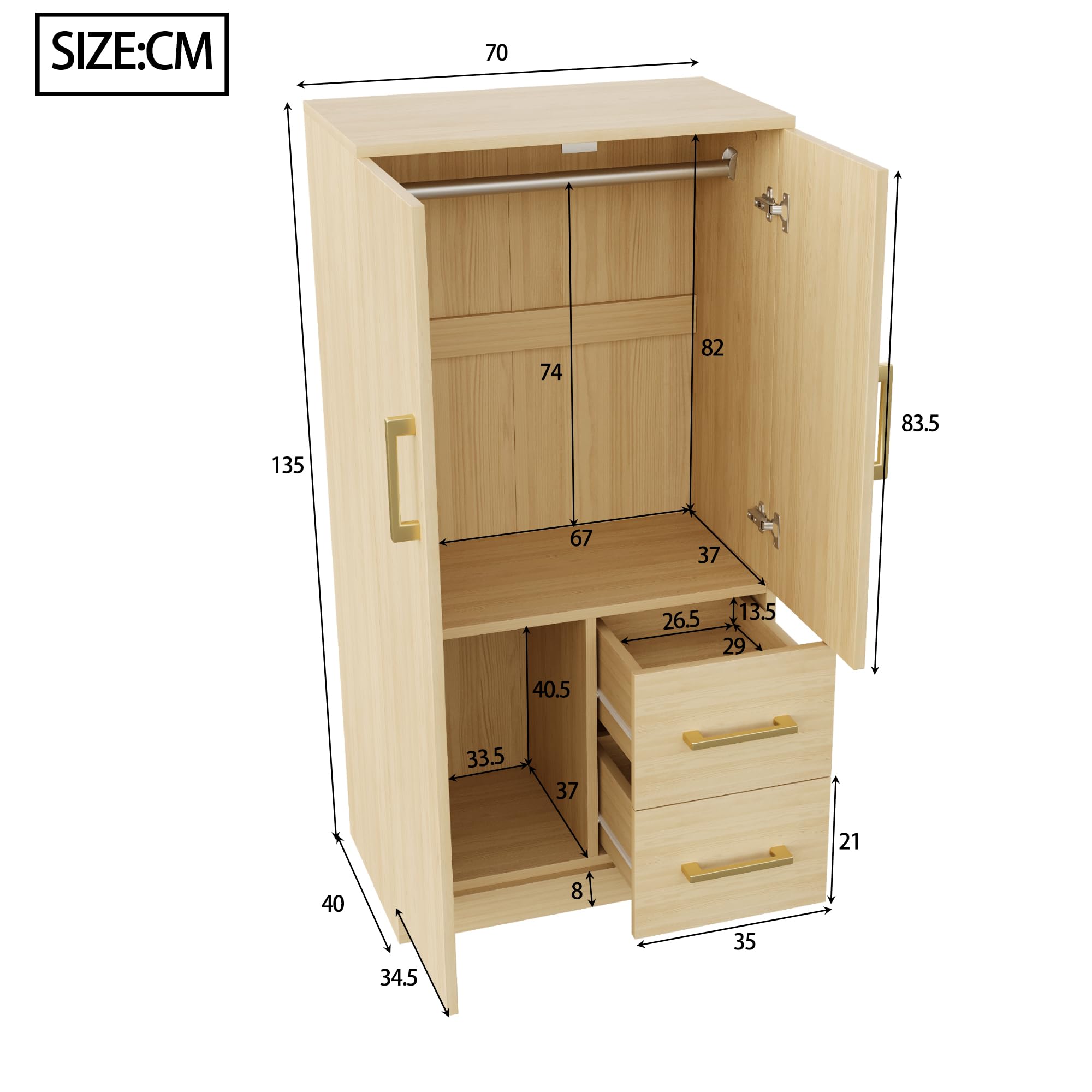 Szafa na ubrania 70 x 40 x 135 cm, podwójne drzwi z szufladami i schowkami, szafa na ubrania dla dzieci, szafa na ubrania, pojedyncza szafa na ubrania, kolor drewna