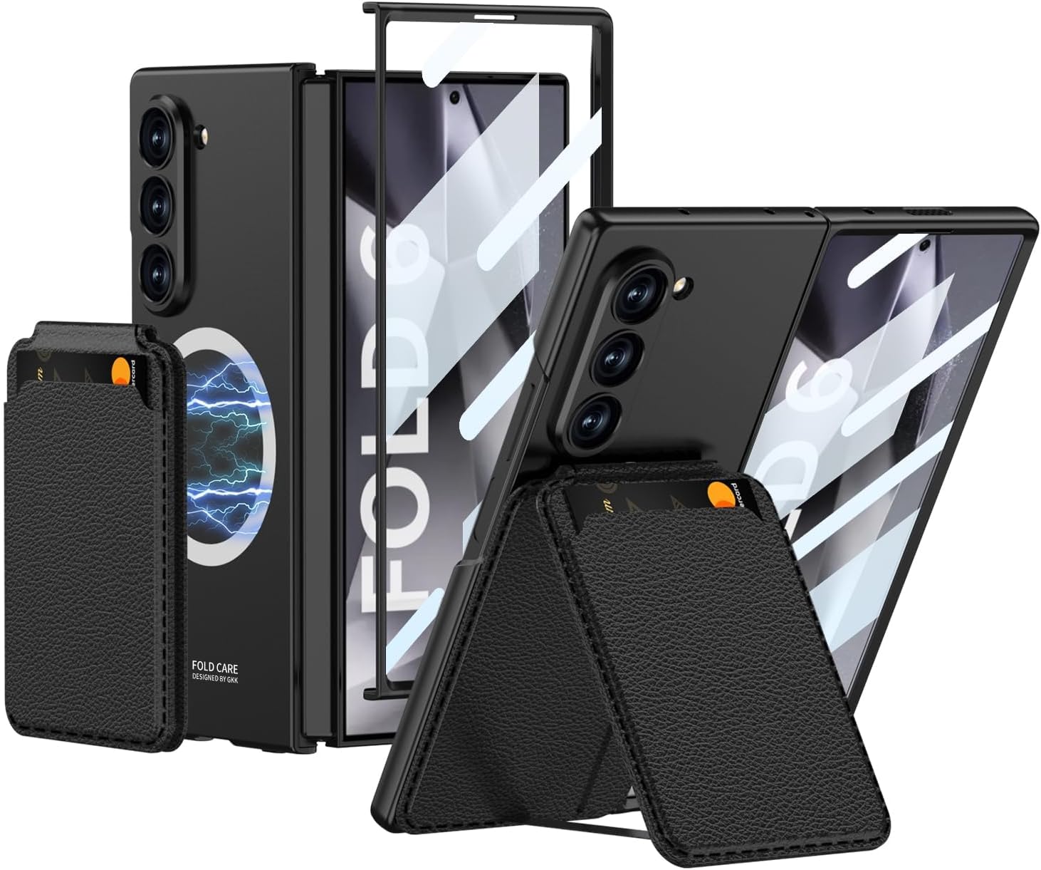 Case for Galaxy Z Fold 6 with Card Holder, Compatible with MagSafe Wallet Case Stand Cover with Front Screen Protector, Protective Phone Case for Z Fold 6, Black