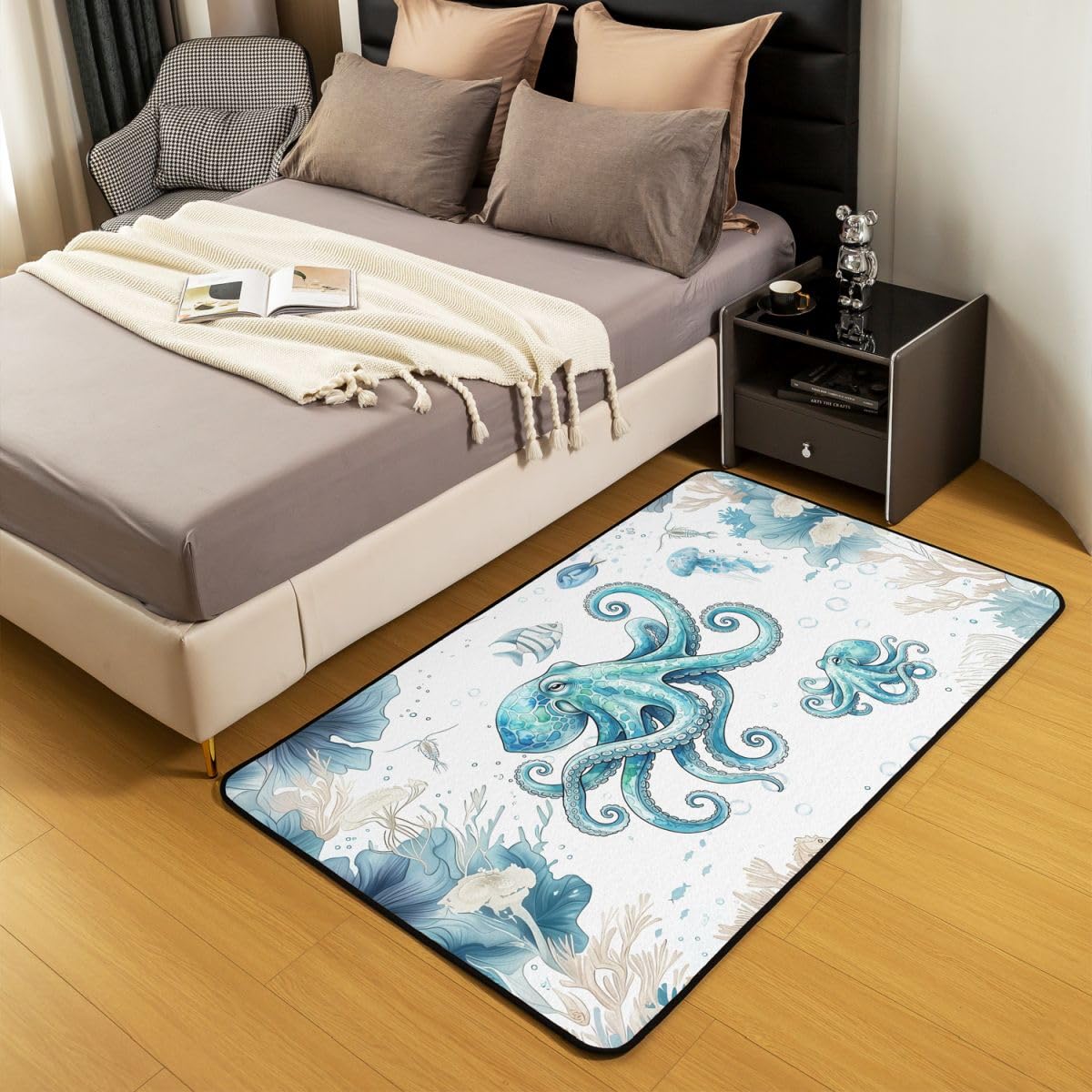 Homewish Oktopus Teppich 150x200 Blaugrün Blau Meer Küste Teppiche Wohnzimmer für Kinder Jugendliche Erwachsene Jungen Mädchen Oktopus Tentakel Rugs for Living Room Pflegeleicht Carpet Stilvoll