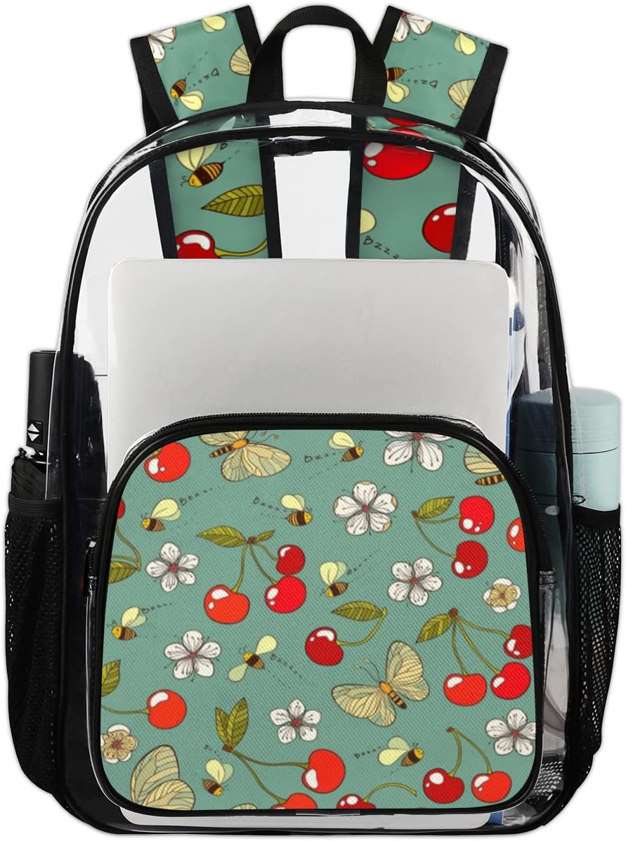 Cute Cherry Flower Clear Backpack Stadium Approved Heavy Duty PVC Transparent Backpacks Large See Through Bag for Work Travel Sports Events Concerts