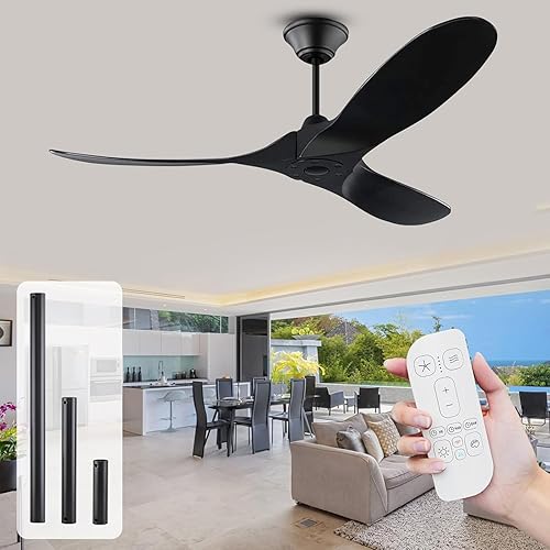 Miniatura 10 de Ventilador de techo negro sin luz, 52 pulgadas, moderno, para interiores y exteriores, 3 aspas, a prueba de humedad, ventilador de techo de madera