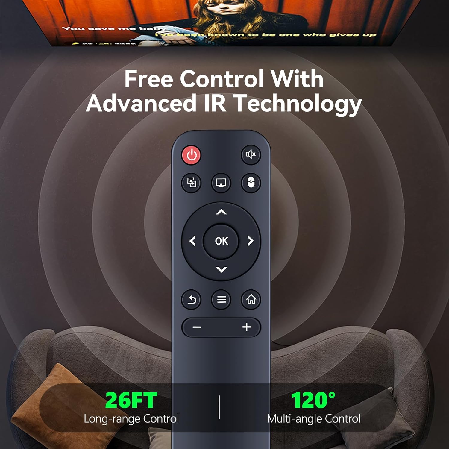 Image demonstrating the remote's long-range and multi-angle control capabilities, showing a remote controlling a projector from a distance.