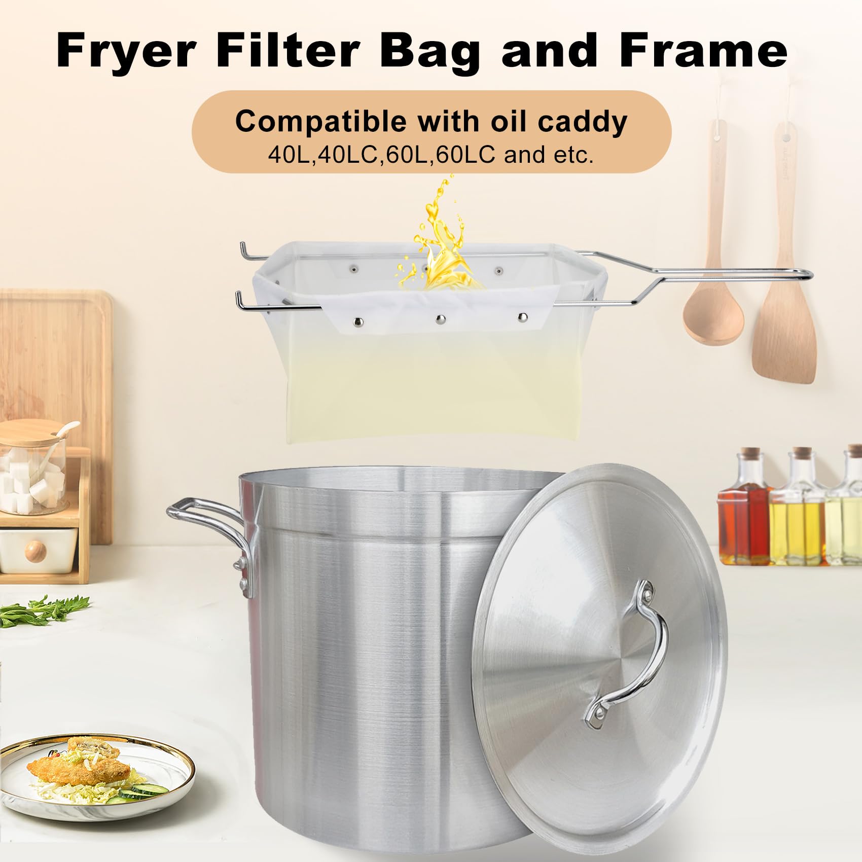 Wiederverwendbare Fritteusen-Filtertasche und Rahmen, geeignet für 31,8 kg Polieröl | Leicht mit heißem Wasser zu reinigen (Tasche und Rahmen)