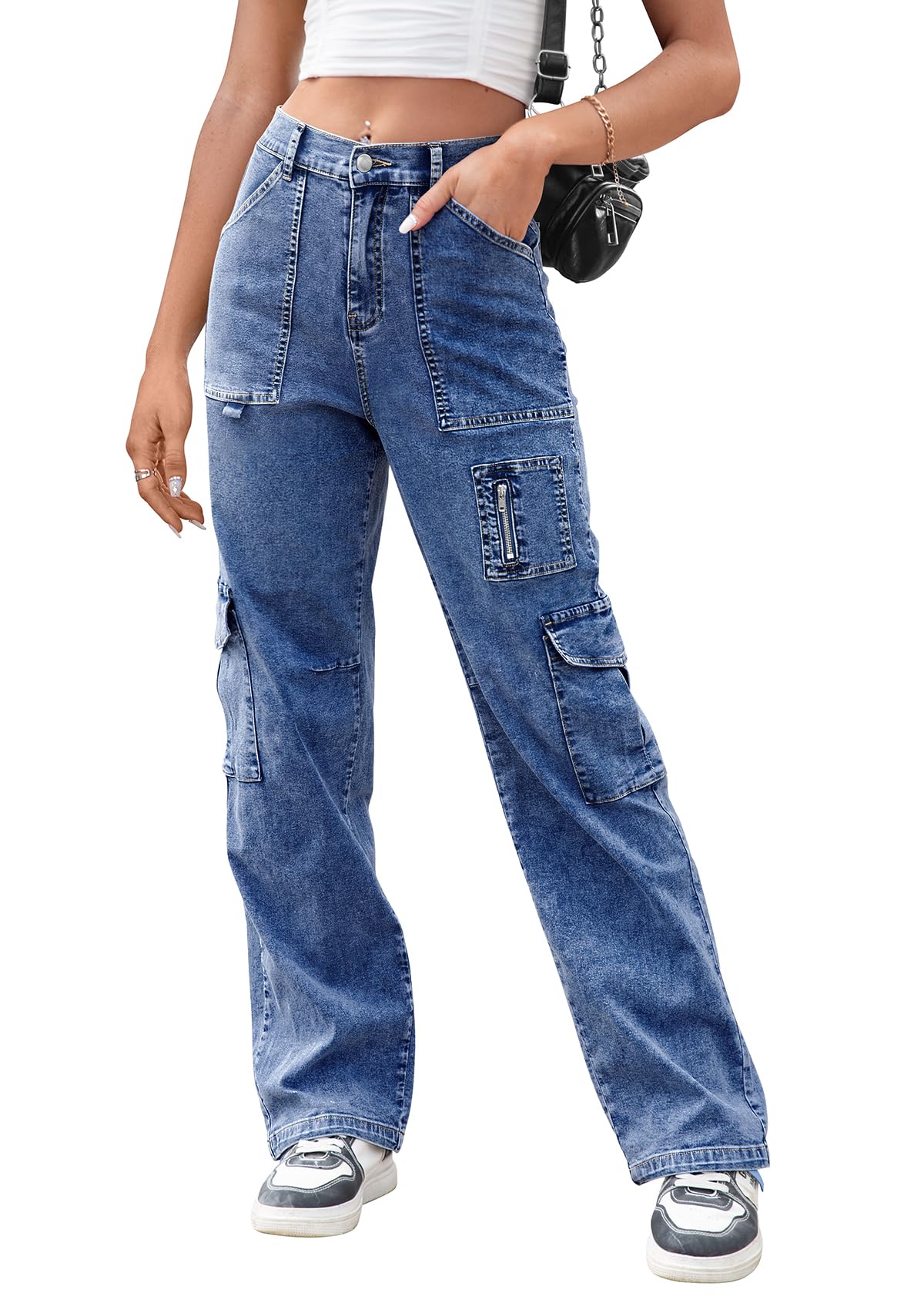 IVIR Cargohose Damen hohe Taille breites Bein Casual Hosen mit 7 Taschen elastische Schnüre Baggy Y2K Hosen Dunkelblau M