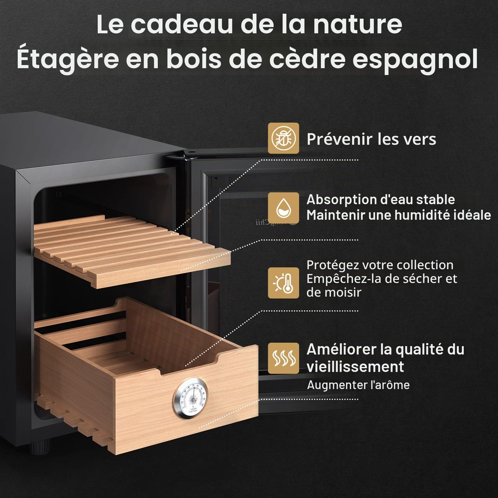 KingChii Cave à cigares électrique de 16 L, système de contrôle de température, armoire chauffante et rafraîchissante avec étagères en cèdre espagnol et hygromètre