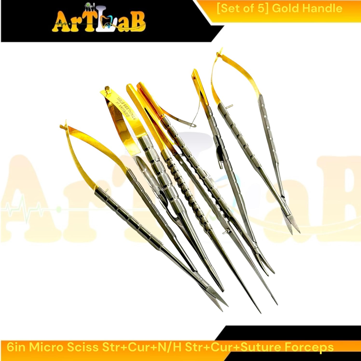 Castroviejo Micro Scissors and Needle Holders Set with Tying Forceps - 6in Instruments, Curved & Straight, Gold Handle German Stainless Steel (5PCS)