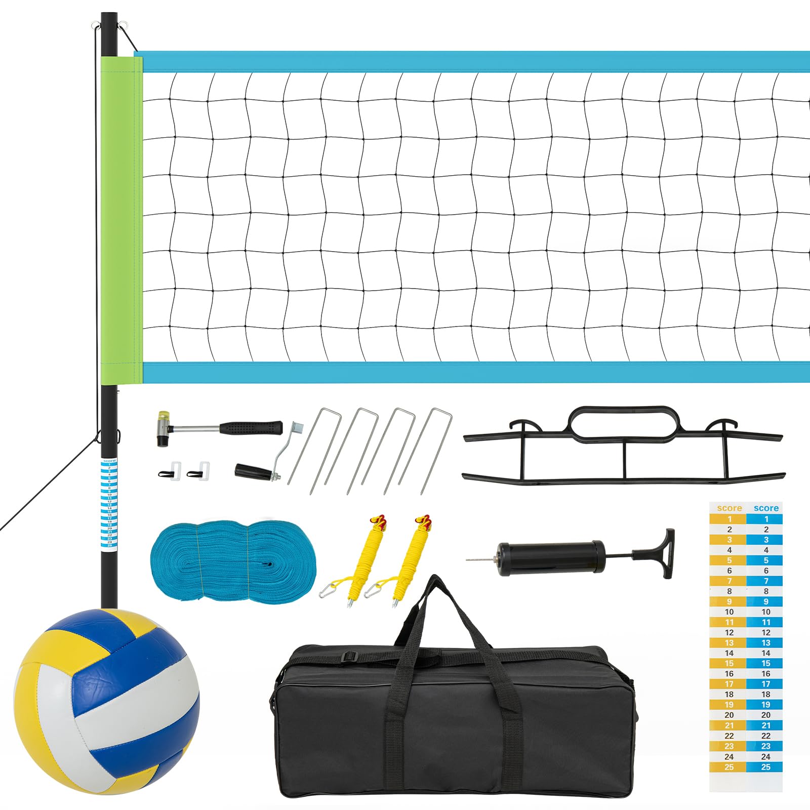 GOPLUS Red de Voleibol Ajustable en Altura, Kit Completo de Voleibol con Postes Metálicos, Balón, Bolsa de Transporte, Red de Vóleibol Profesional para Playa, 9,75 m x 0,9 m