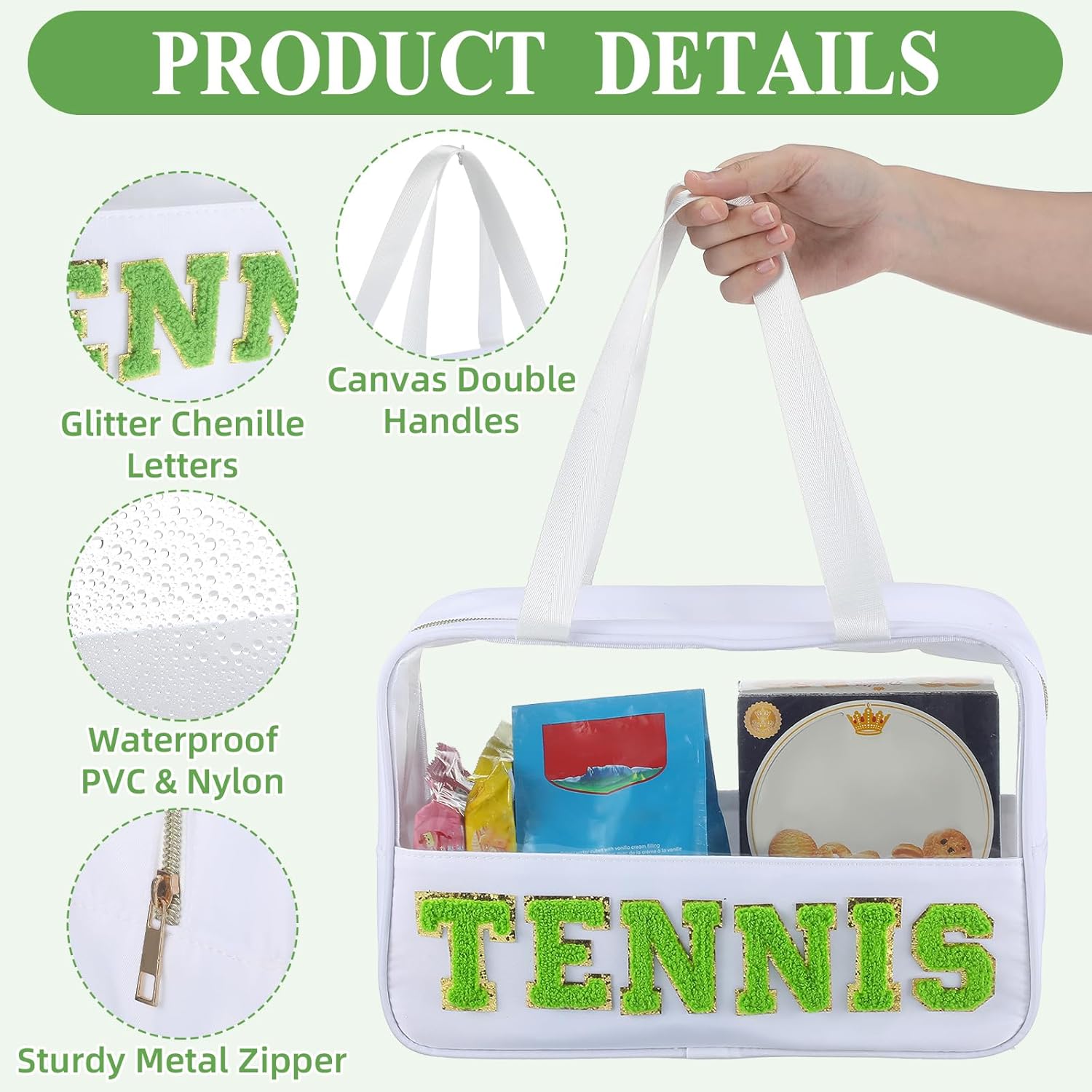 Sadnyy Tennis Gifts Cosmetic Makeup Bag with Chenille Letter Patch Clear Pouch PVC Waterproof Organizer Purse, Portable Tote Toiletry Storage Bag, Tennis Accessories for Sport Coach Women - Image 4