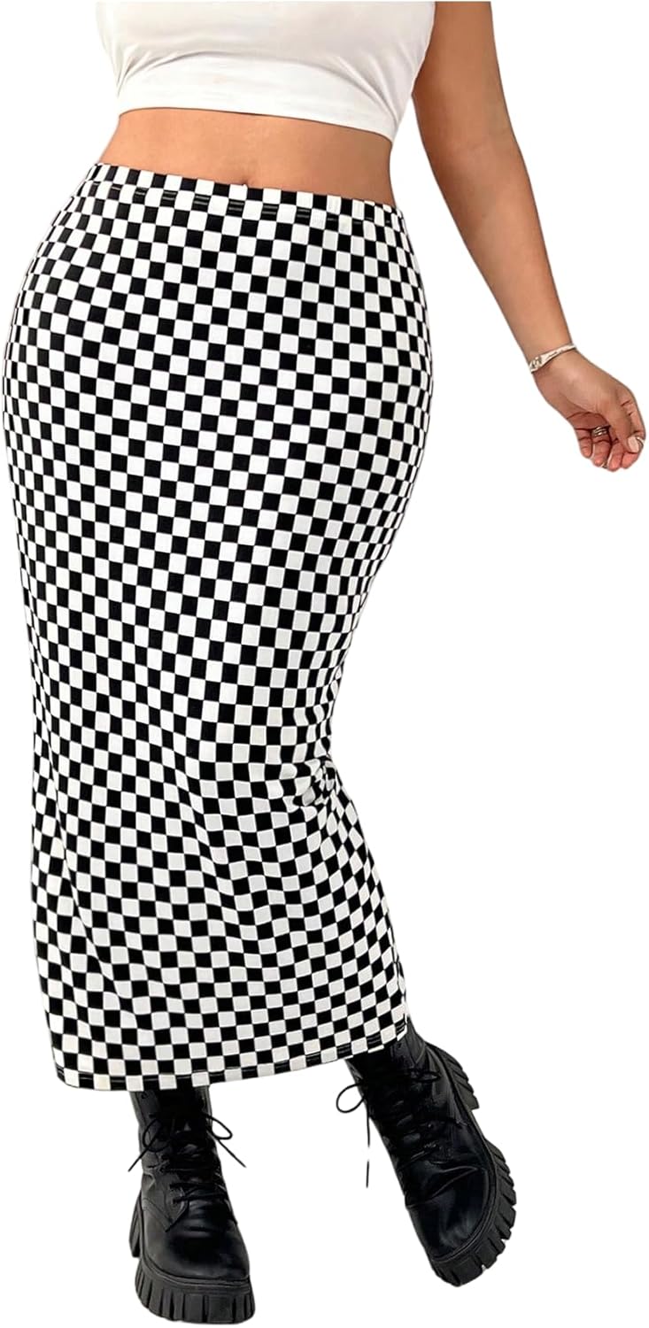 WDIRARA Women's Plus Size Checkered Maxi Skirt High Waisted Bodycon Pencil Skirts