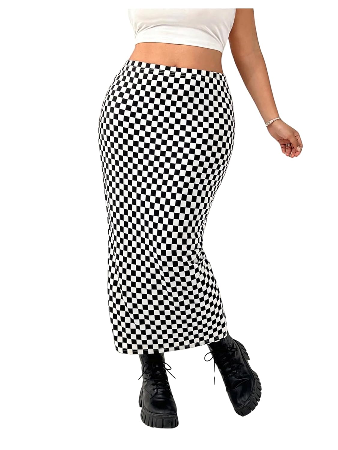 WDIRARA Womens Plus Size Checkered Maxi Skirt High Waisted Bodycon Pencil Skirts