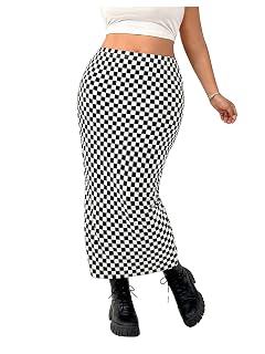WDIRARA Womens Plus Size Checkered Maxi Skirt High Waisted Bodycon Pencil Skirts