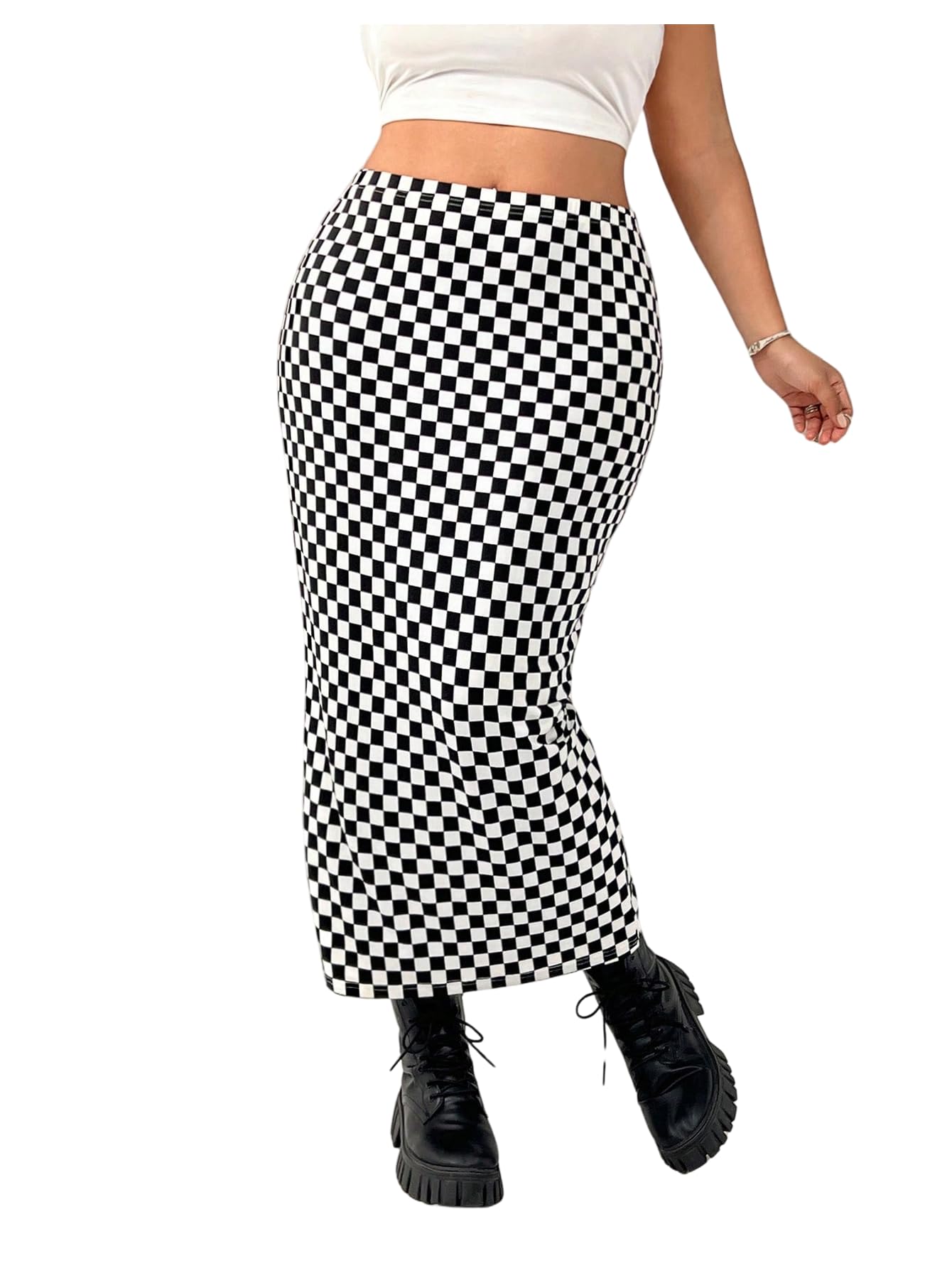 WDIRARA Womens Plus Size Checkered Maxi Skirt High Waisted Bodycon Pencil Skirts