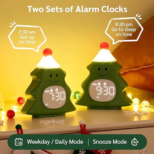 Miniatura 3 de Yiliaw Reloj despertador para niños con luz nocturna, reloj despertador de árbol de Navidad, lindo reloj despertador recargable para dormitorio,