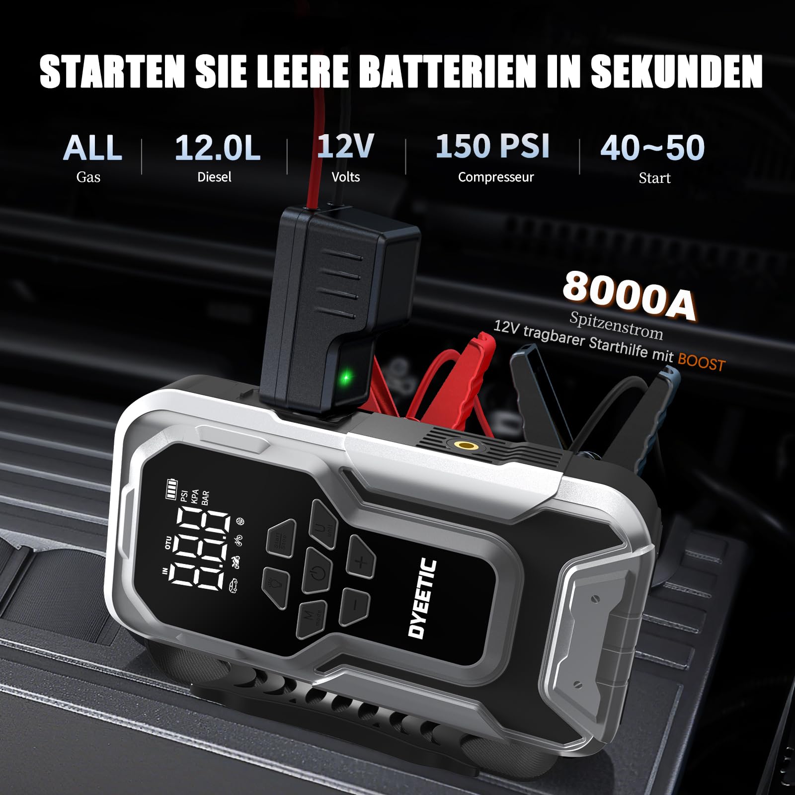 Arrancador de Batería de Coche 8000A con compresor 150PSI, 12V Jump Starter Batería Booster Externa para All Gasolina o 12L Diesel, 18W Carga rápida con Cable de Arranque