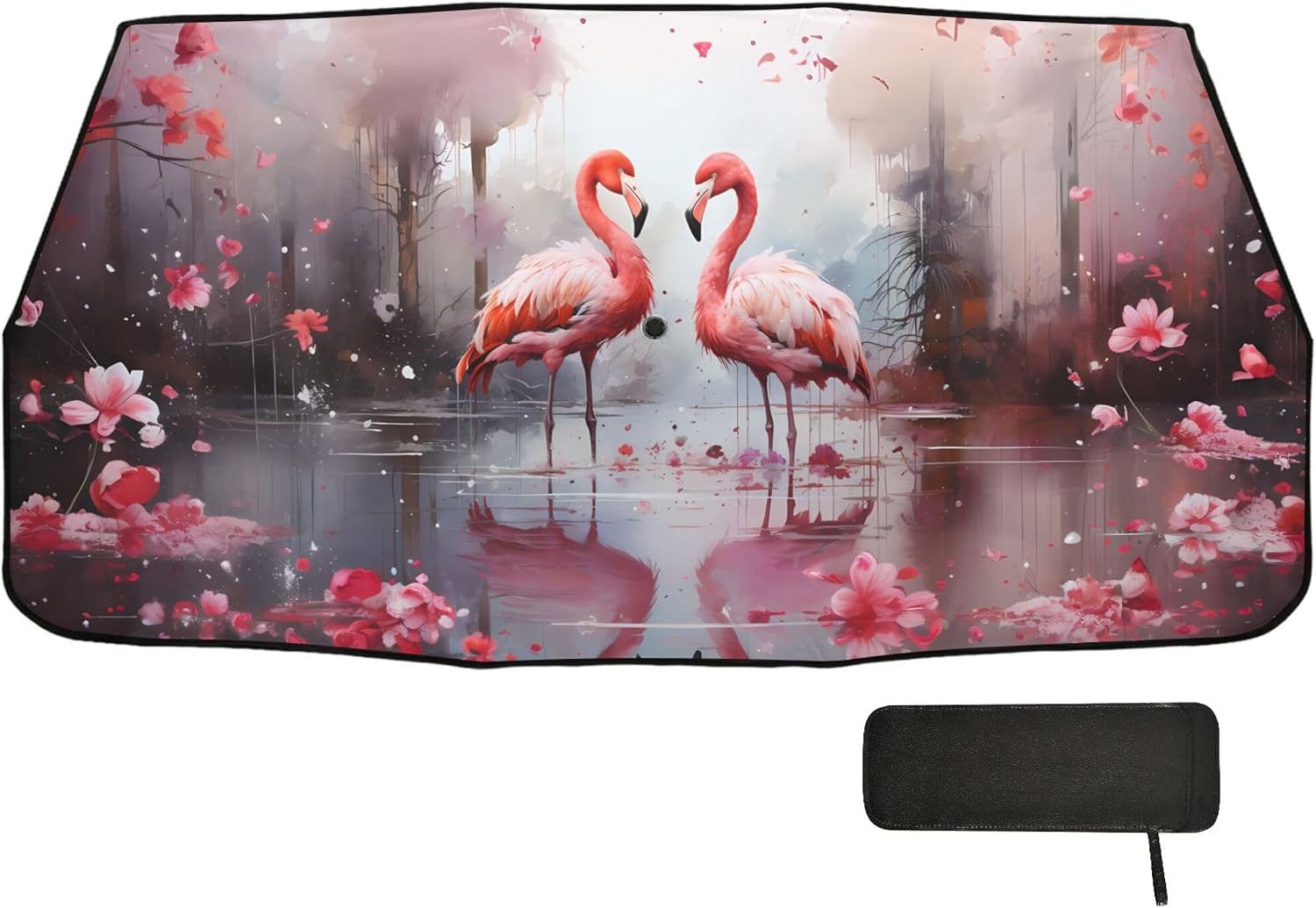 Car Umbrella Sun Shade Cover, Flamingos and Flowers Umbrella Sun Shade for Car Truck Window Front Windshield, Blocks UV Rays Sun Visor Protector Sun Heat Reflector to Keep Your Vehicle Cool