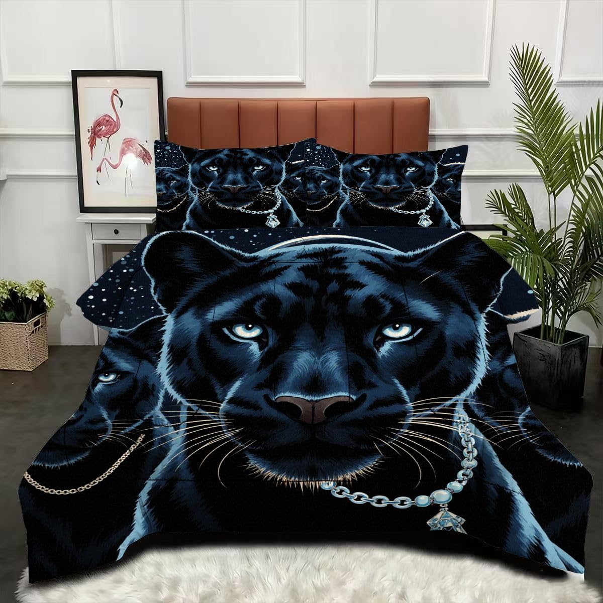 Couette Lion Noir 160x200 cm avec 2 taies d'oreiller pour lit deux personnes