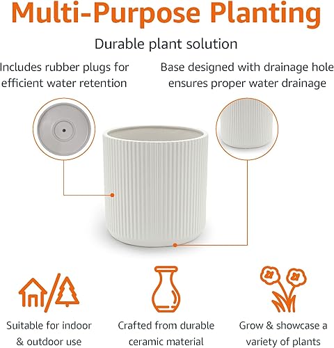 Miniatura 2 de Tienda Basics Maceta redonda de cerámica acanalada, 8 pulgadas, color blanco