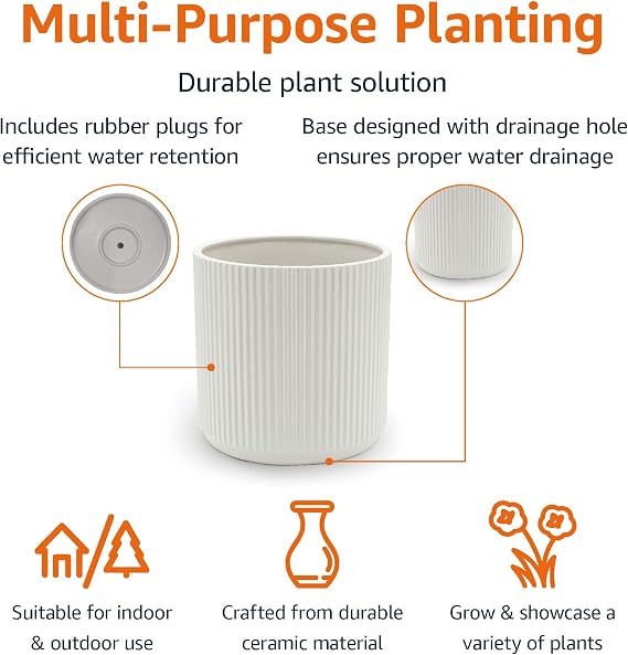 Amazon Basics Fluted Ceramic Planter Pot for Indoor Outdoor Plants, Round Flower Pot with Drainage Hole, 8-inch, White