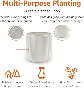 Amazon Basics Fluted Ceramic Planter Pot for Indoor Outdoor Plants, Round Flower Pot with Drainage Hole, 8-inch, White