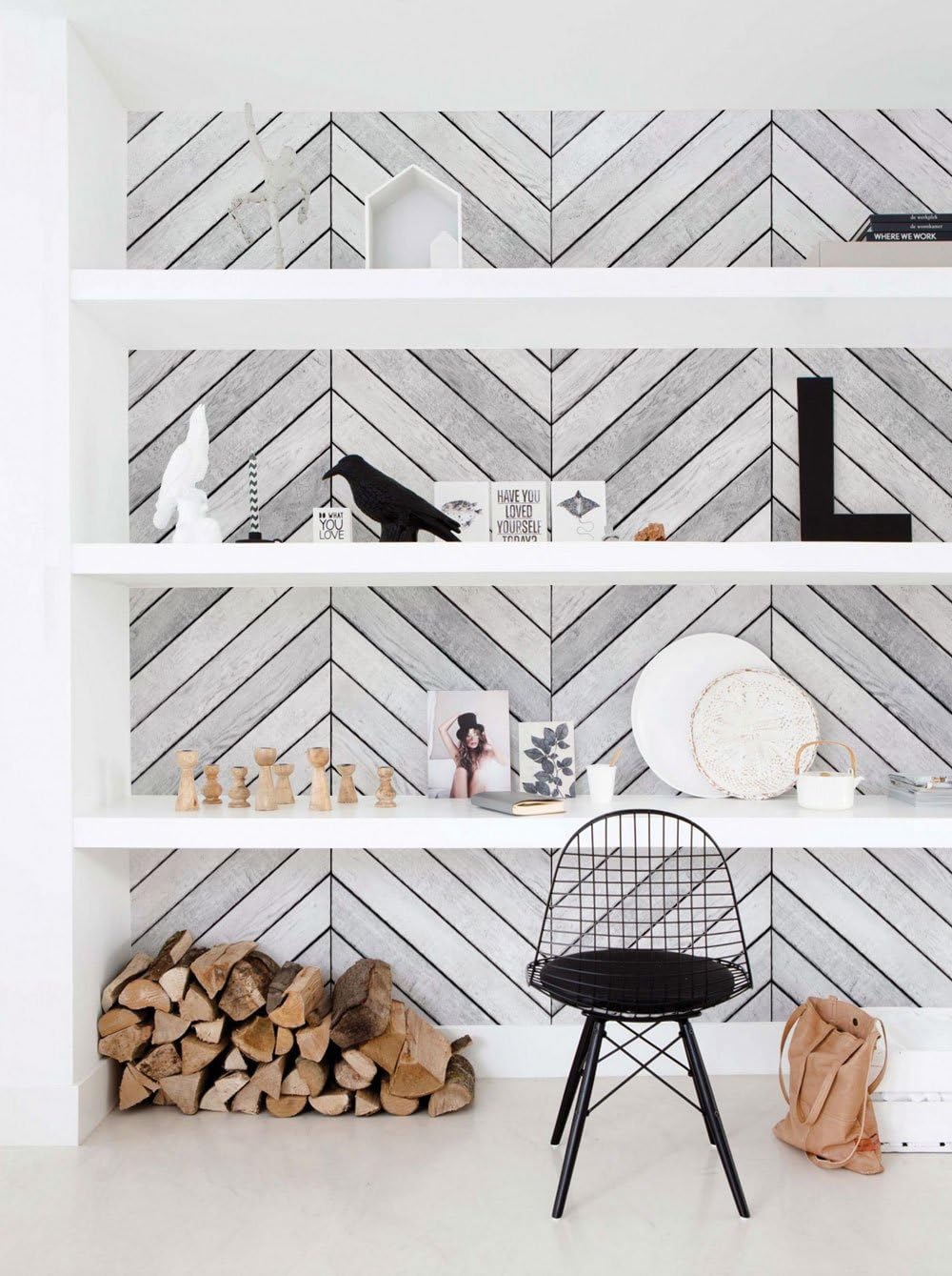 Simple Shapes Chevron Grey White Wood Accent Mural Wall Art Wallpaper - Peel and Stick (2 Sheet Pack - 2ft x 8ft)