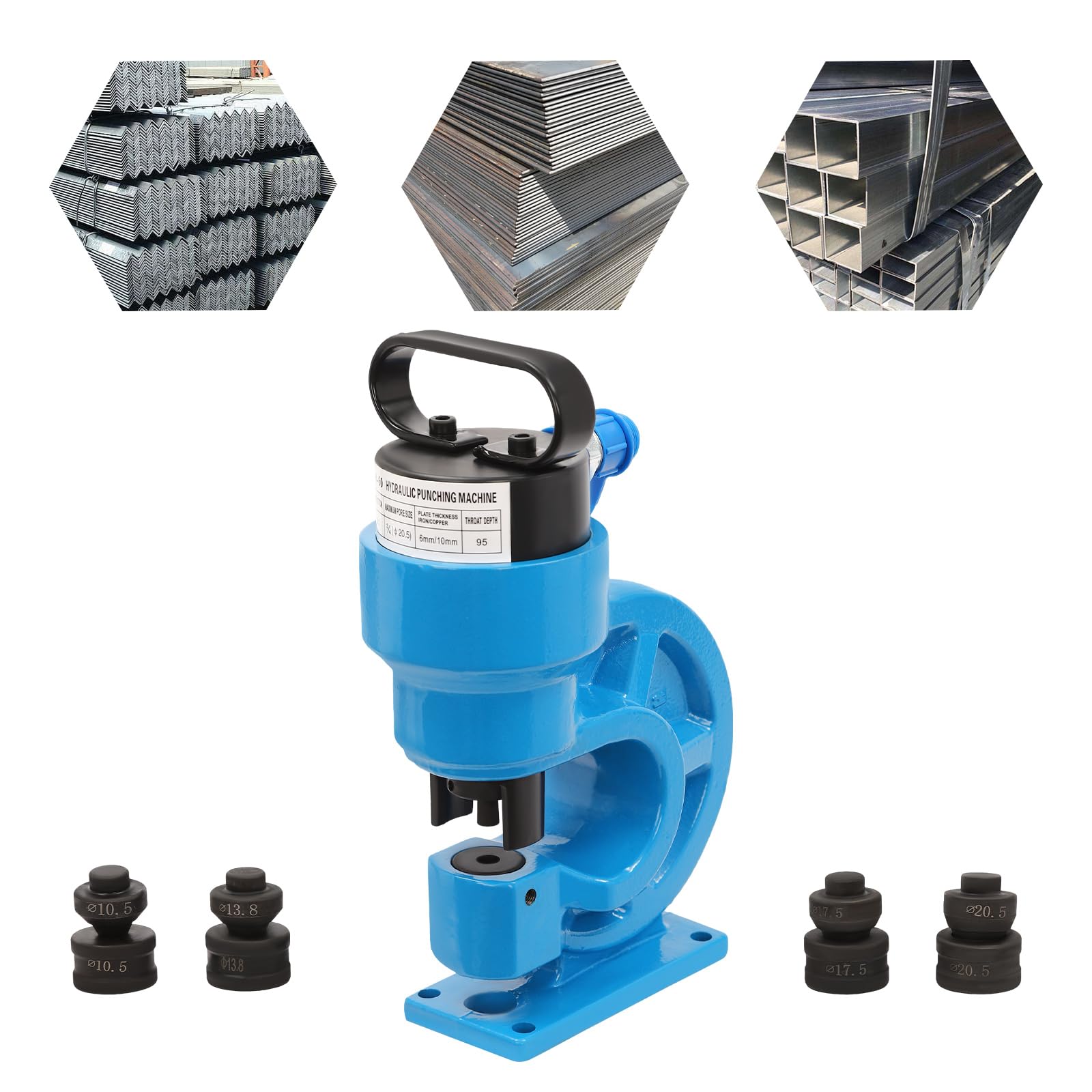 Perforadora hidráulica CH-60 con presión 31T y 4 matrices | Con alcance de 95 mm y construcción estable para taller y obra (azul)
