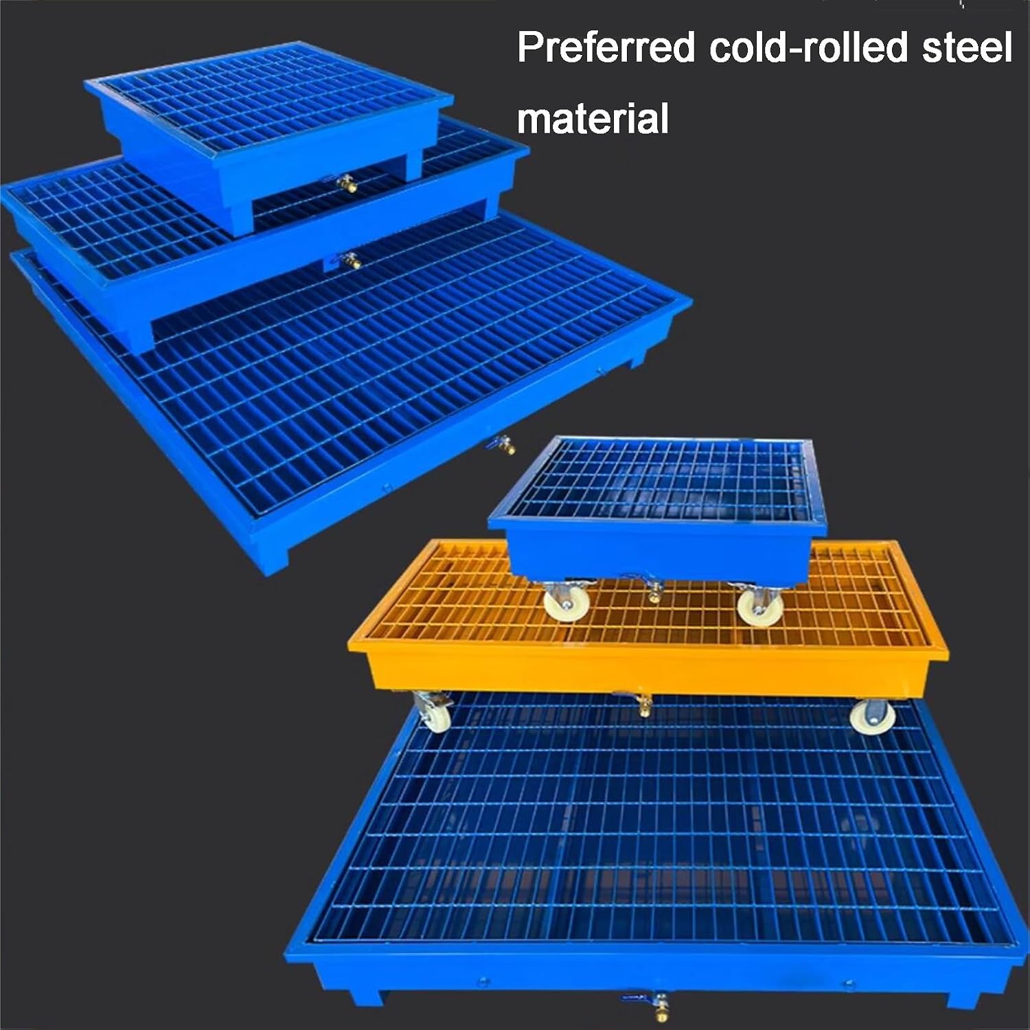 Heavy-Duty Spill Control Pallet with Drain - Plastic/Steel Drum Spill Platform, Metal Containment Tray on Wheels for Industrial Warehouses (Yellow, 25.6"x25.6"x11.8")