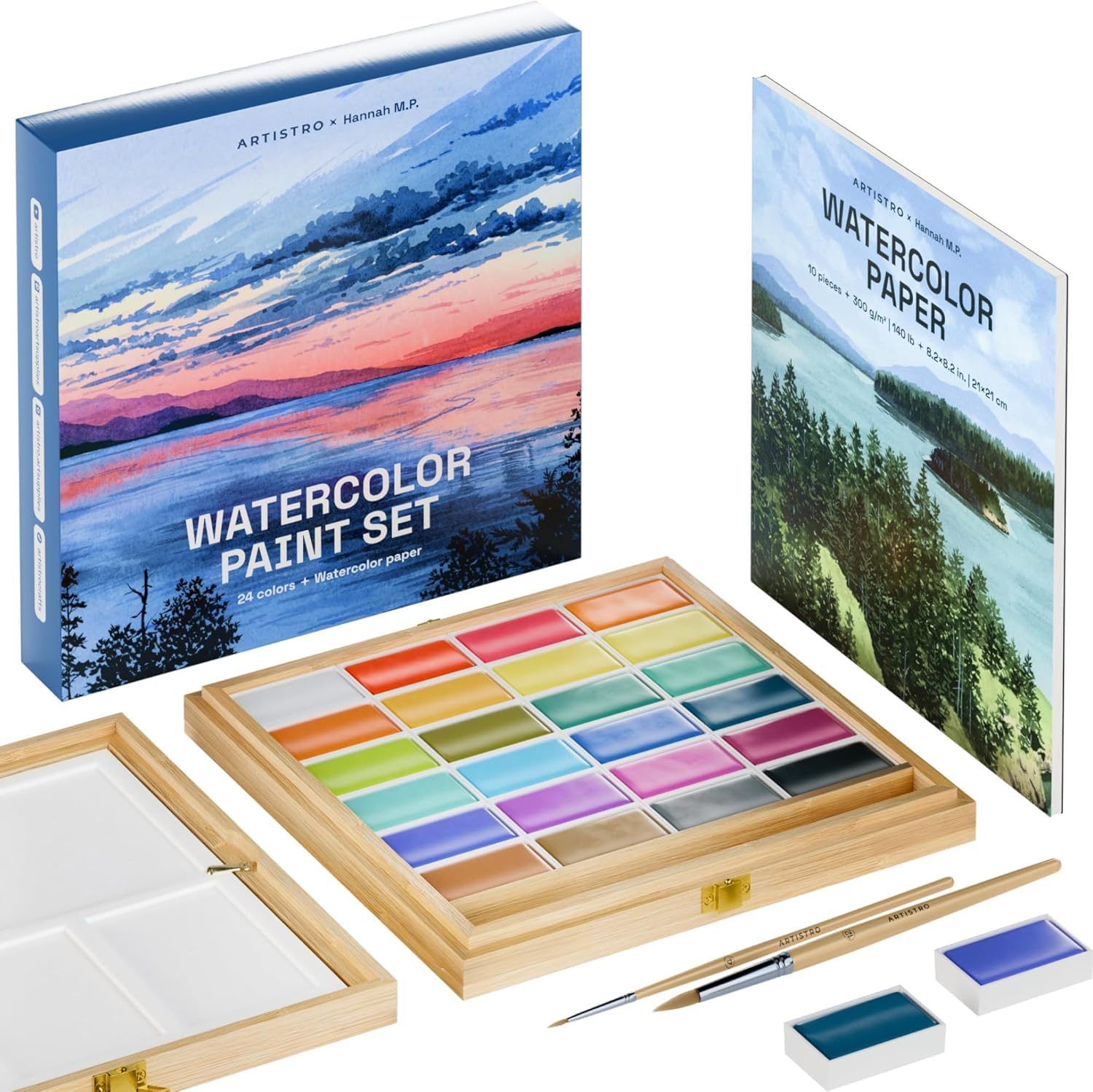 ARTISTRO x HANNAH M.P - Juego de pintura de acuarela de edición limitada, 24 colores en caja de madera de bambú (sartenes XL de 0.2 fl oz), 2 pinceles, papel de acuarela, bandeja de mezcla, juego de