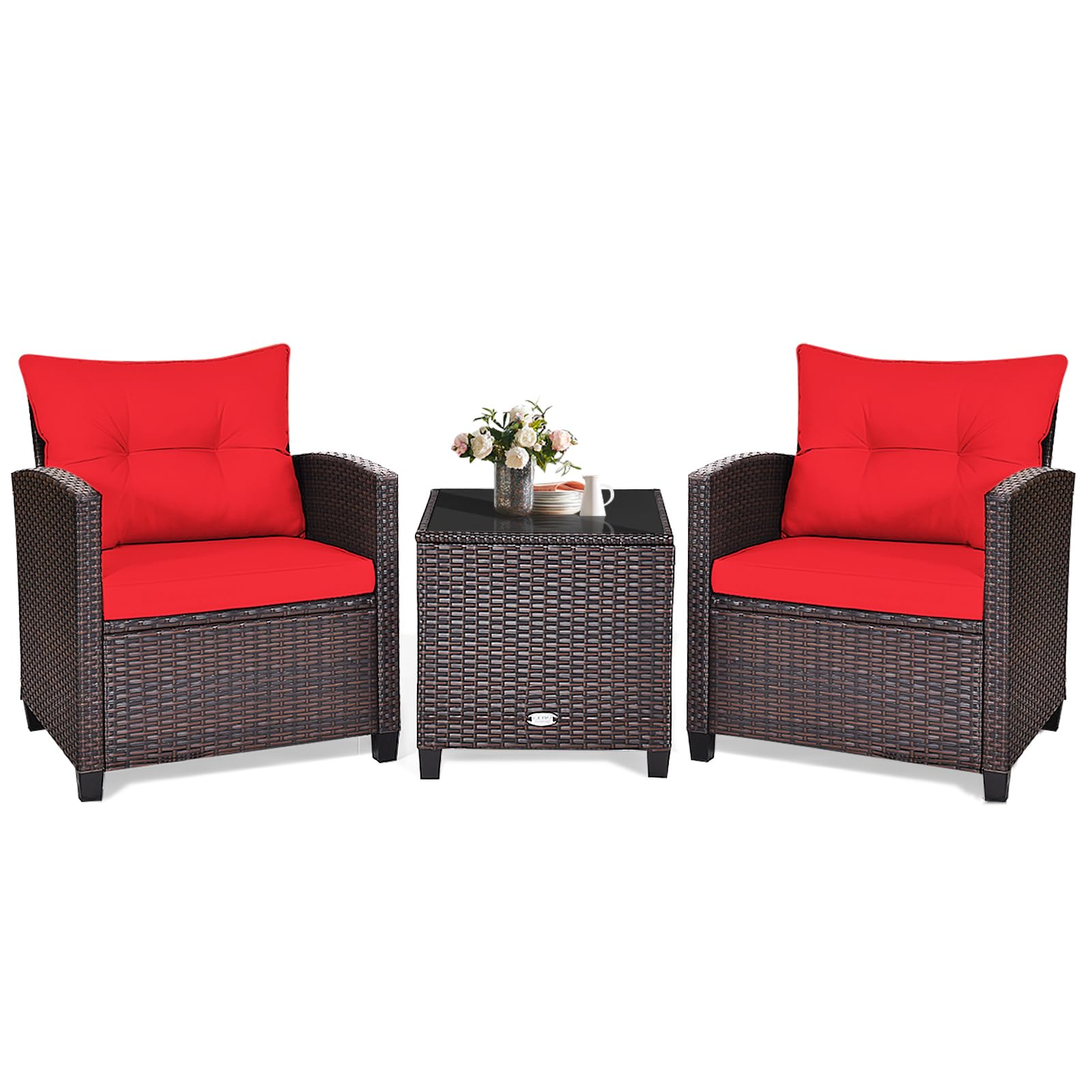 KOTEK 3 Piece Patio Furniture Set with red cushions and glass-top table.