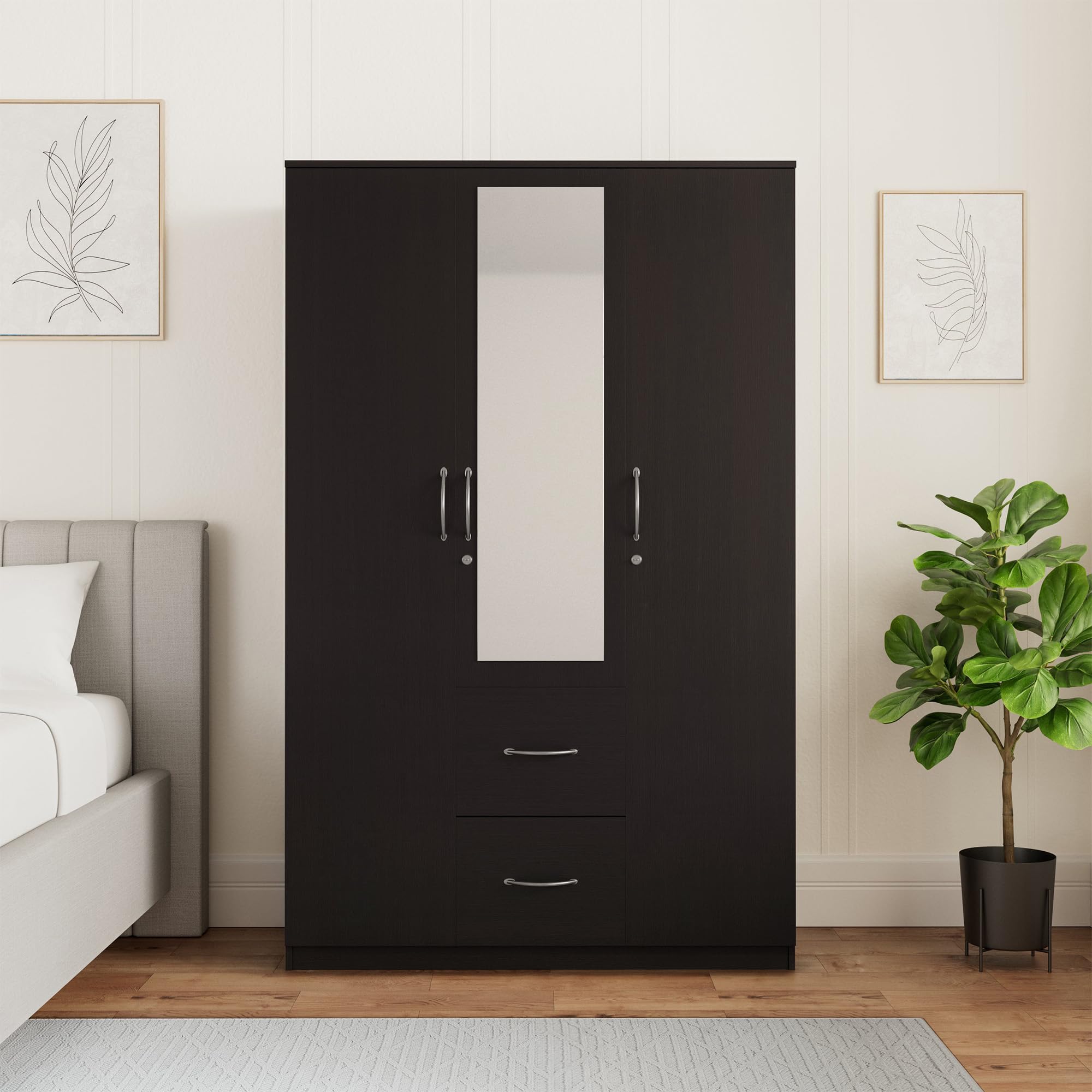Amazon Brand - Solimo Lindsay Engineered Wood 3 Door Wardrobe Drawers and Mirror (Wenge Finish)-image-19