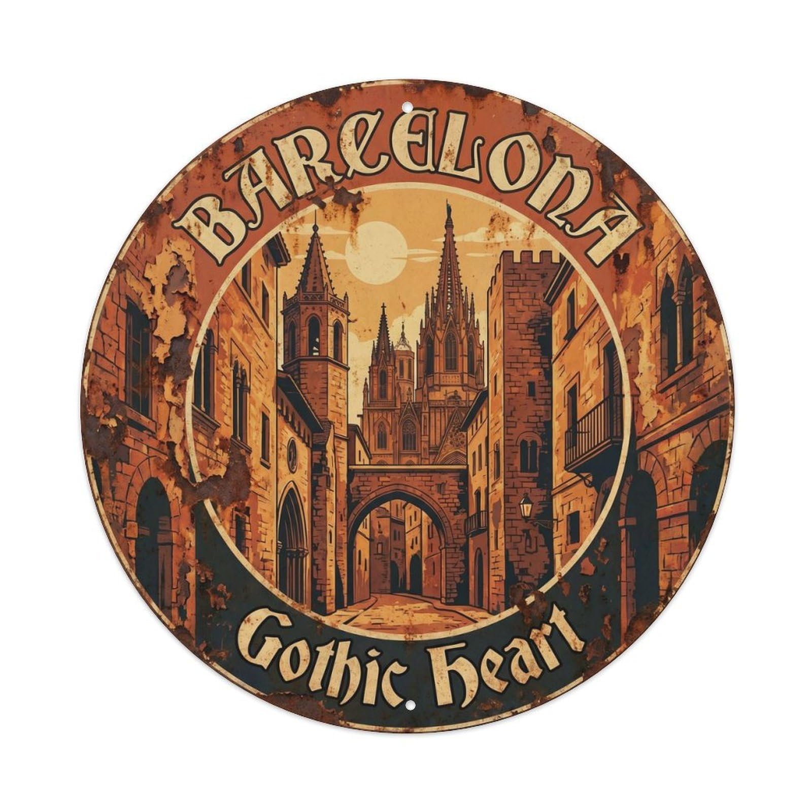 Vintage Travel Barcelona Gothic Quarter Metal Tin Sign Plaque Wall Decor for Cafe, Club, Garden Round Metal Poster 8x8Inch