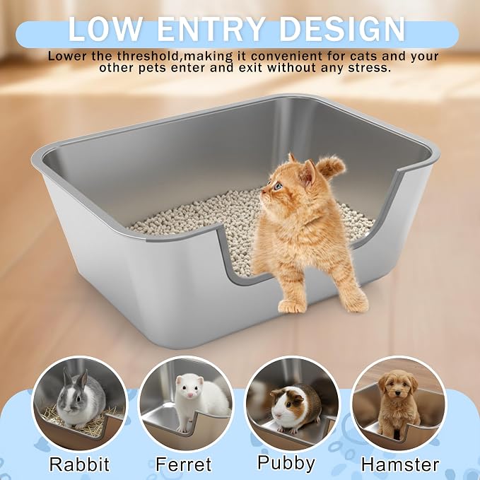 Arenero bajo de acero inoxidable para gatos pequeños miniatura 4