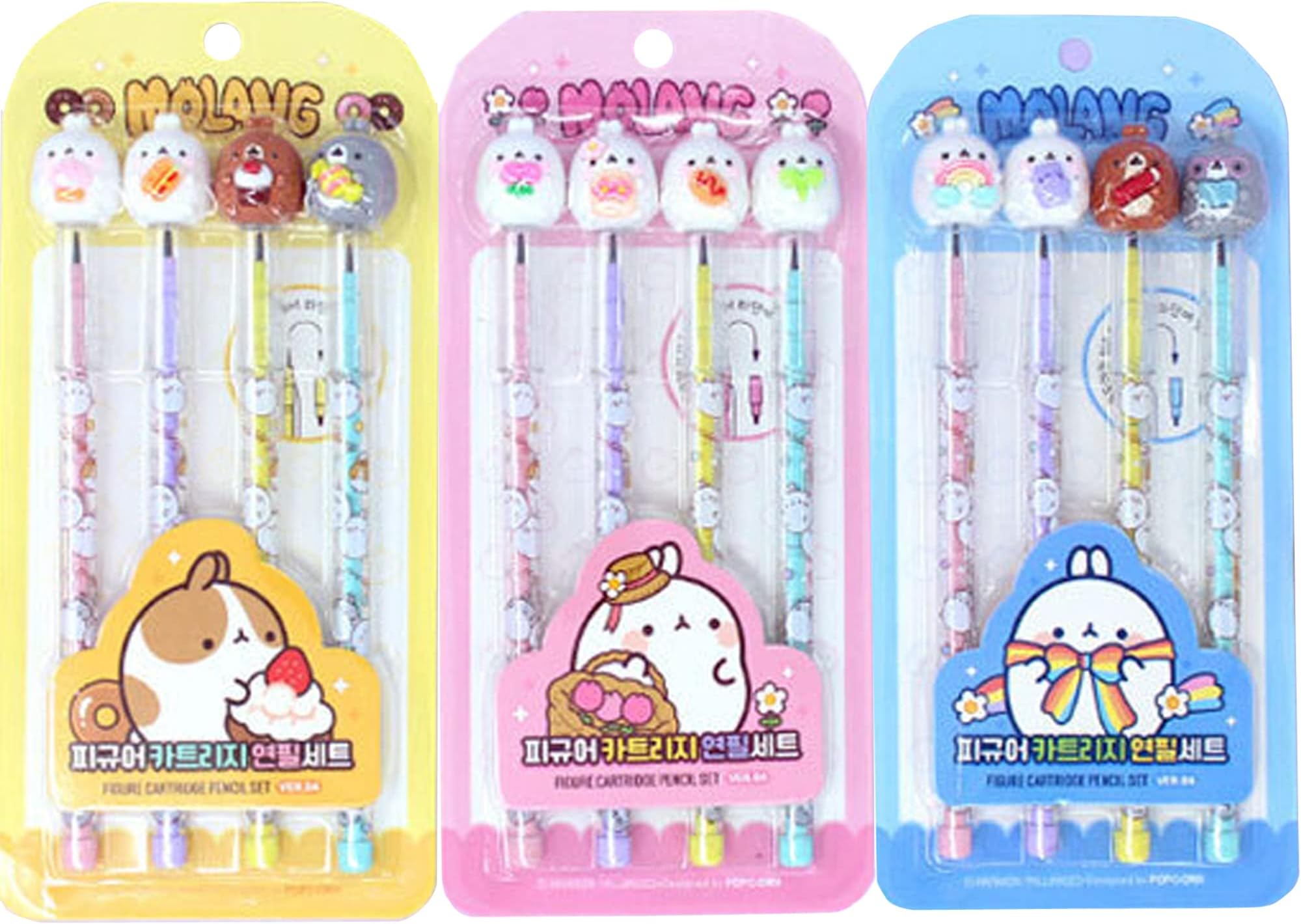 Molang Figure Cartridge Pencil 4pcs Set - Kawaii Korean Stationery, Cute Refillable Mechanical Pencils, School & Office Supplies, Smooth Writing Experience