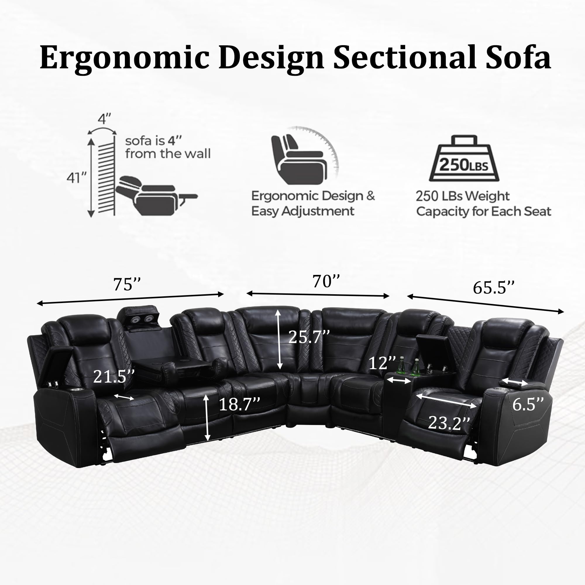 Leather Reclining Sofa Set, Power Recliner Sectional Couch with LED Light view 2