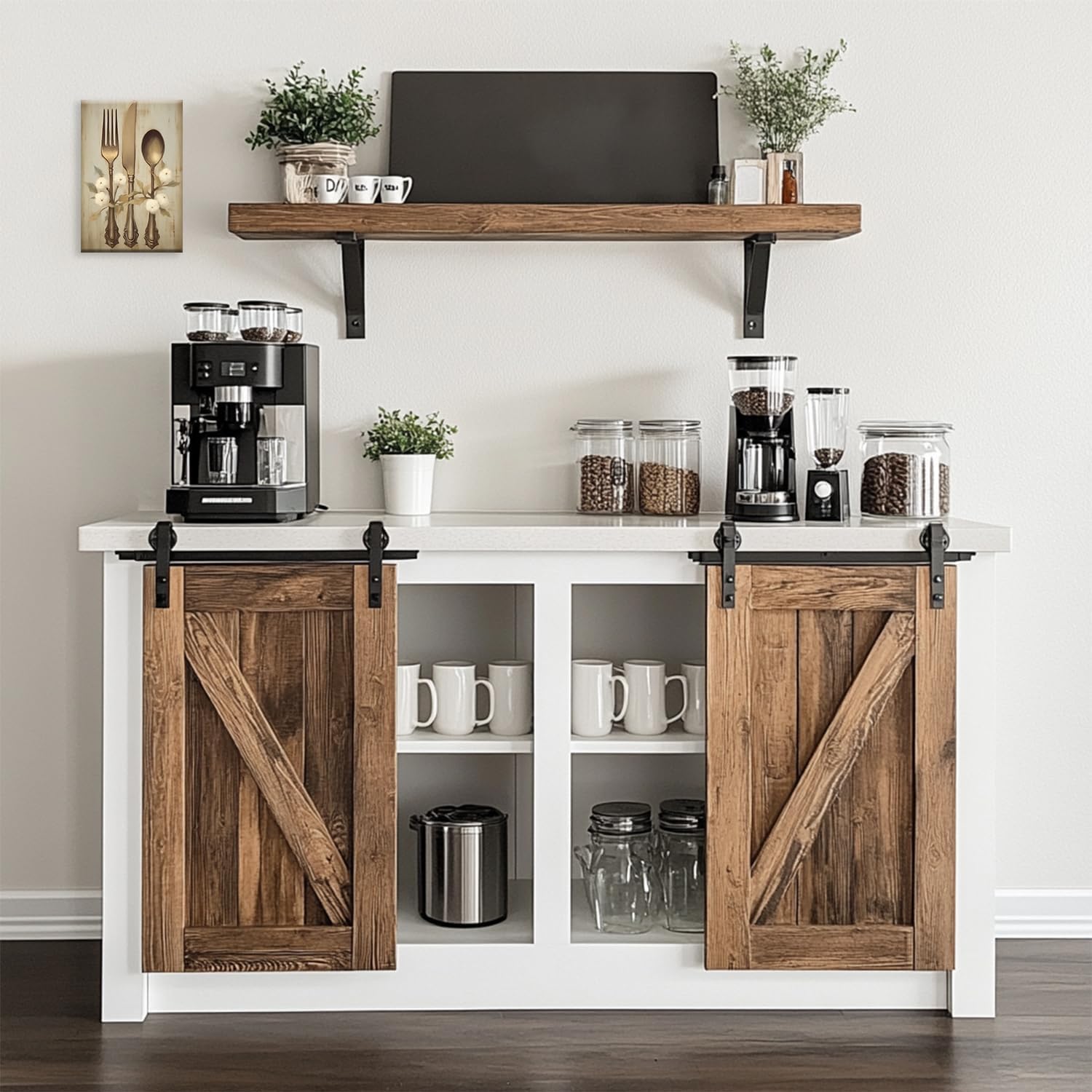 MODOJOART Fork Knife Spoon Canvas Wall Art - Golden Fork Knife Spoon and White Flowers Painting Print Vintage Kitchen Still Life Picture Poster for Kitchen Dining Room Decor(Artwork-02, 16"x24")