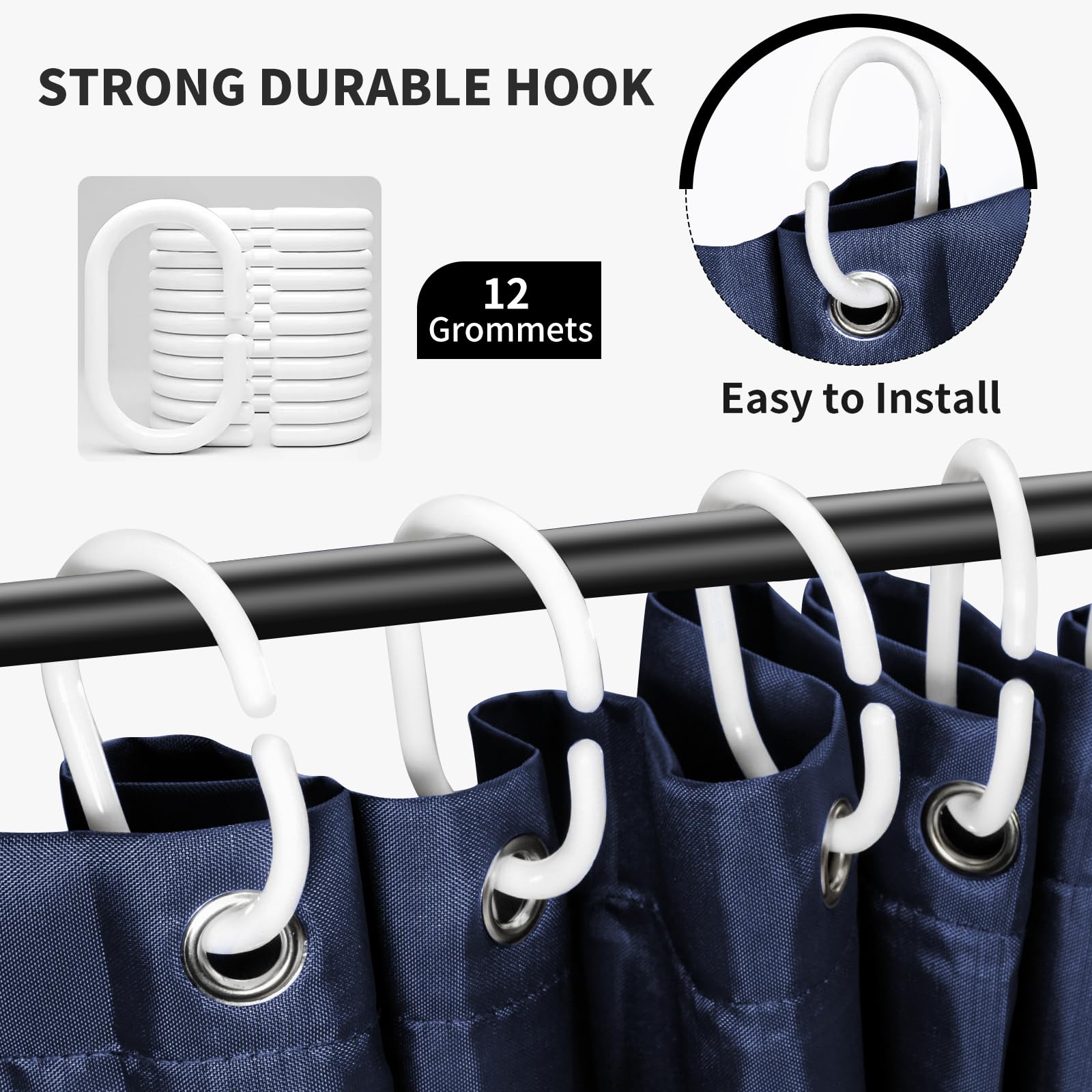 Tenda da doccia in poliestere 180 x 220 cm, anti-muffa per bagno, tenda per vasca da bagno e doccia in tessuto impermeabile e lavabile, con 12 ganci blu navy