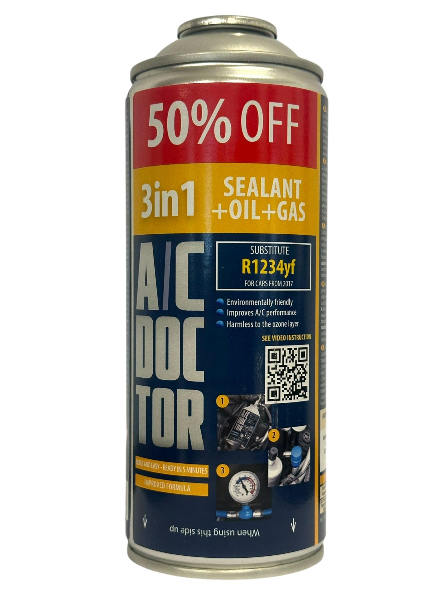 AC DOCTOR 3 in 1 Coperchio Perdite - Olio - Gas Refrigerante Biologico Ecologico Sostituto R1234yf per Ricarica Aria Condizionata Auto + Tubo con manometro + Adattatore HP/LP