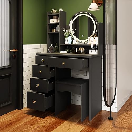Miniatura 2 de Juego de Tocador de Maquillaje Mesa Tocador con 5 Cajones y Estante Espejo Redondo con Pantalla Táctil y Luz Juego de Tocador con Taburete Acolchado