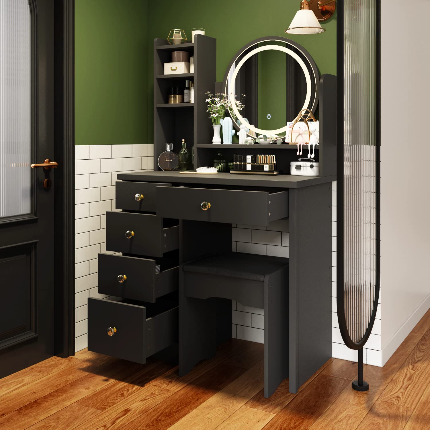 FUFU&GAGA Black Vanity Set with Round Lighted Mirror, Makeup Vanity Dressing Table with 5 Drawers, Shelves, Dresser Desk and Cushioned Stool