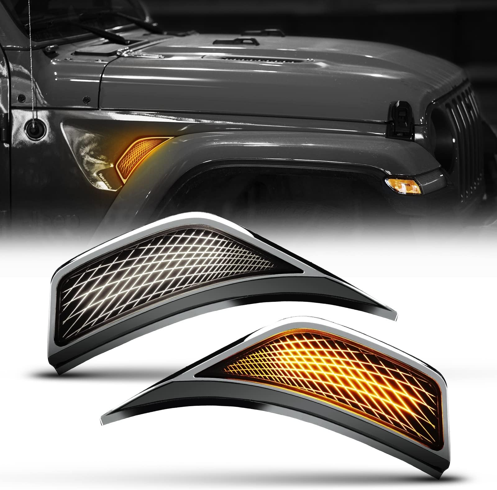 OPT7 LED Side Marker Lights for Jeep Wrangler JL JLU & Gladiator JT 2018-2023 w/Amber Sequential Turn Signal, White Running Light, 2 pcs Front Fender Side Lamp Assemblies