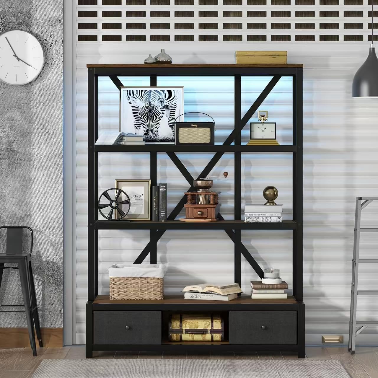 Metal Bookcase with Drawers, 3-Shelf Bookcase with LED, Display Stand for Living Room Home Office Entryway Bedroom, Walnut