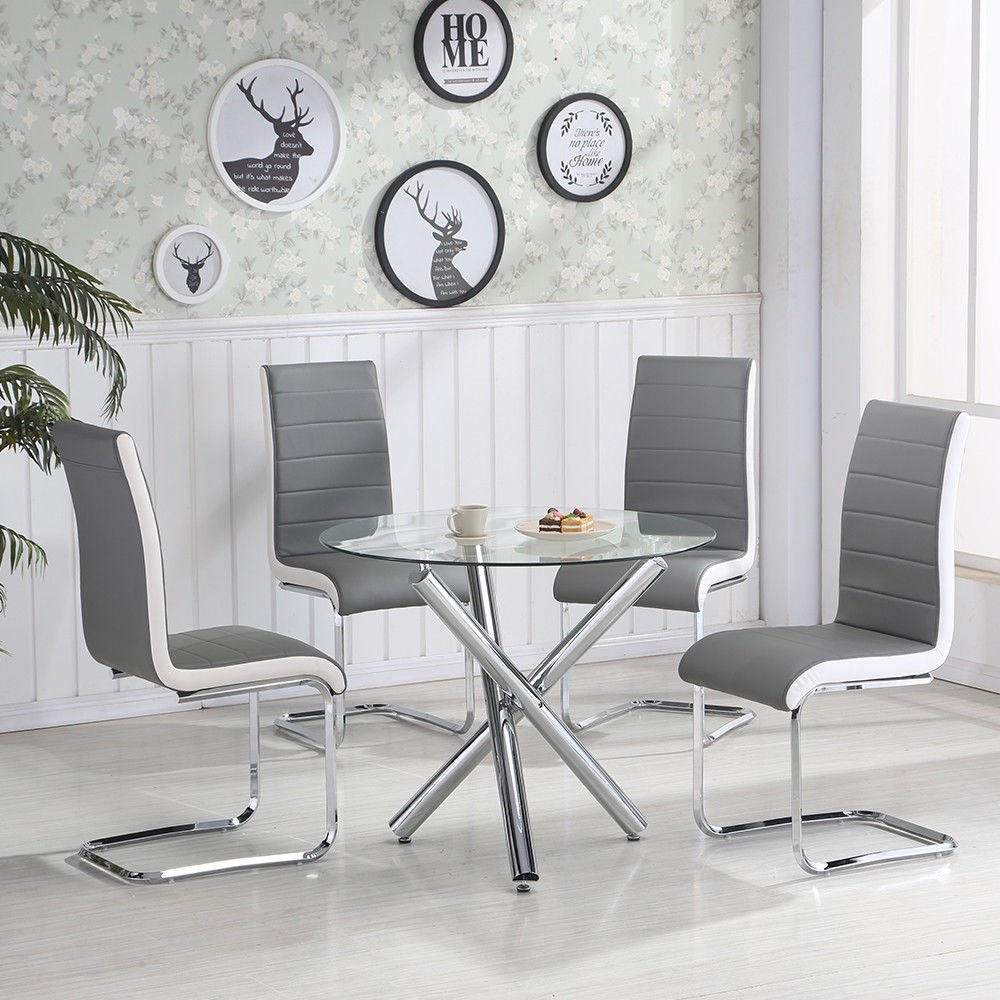 Orders over 15 ship free minifair 3 Chrome Legs Round Glass Table 4 X Grey & White Sides Chairs