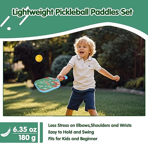 Miniatura 4 de Juego de 2 palas de pickleball para niños, ligeras, duraderas, impermeables, agarre ergonómico para manos pequeñas, playa, piscina, patio trasero,