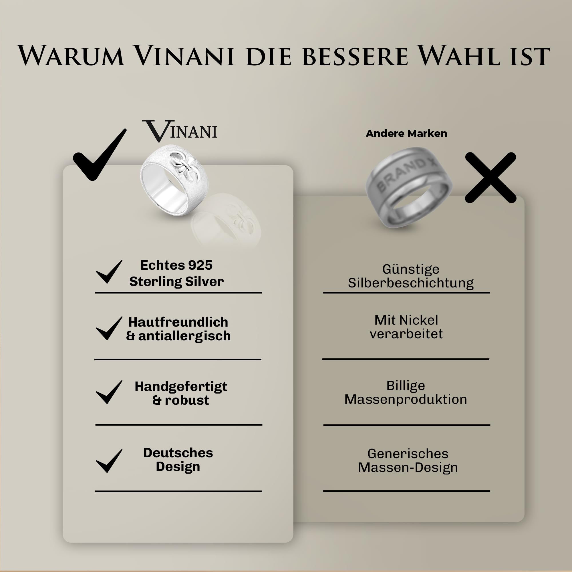Vinani Damenring aus 925 Sterling Silber – Massiver, gebürsteter Ring mit Fleur de Lis Lilie & Ritter-Symbol, nickelfrei & antiallergisch, handgefertigter eleganter Silberschmuck