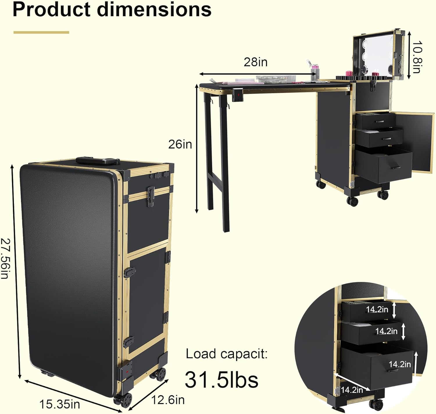 Rolling Manicure Table for Nail Tech, Portable Manicure Table Desk with Wheels 4 Drawers Storage, Nail Tech Travel Case with Led Mirror TSA Lock for Technician Workstation Salon (Black Gold)