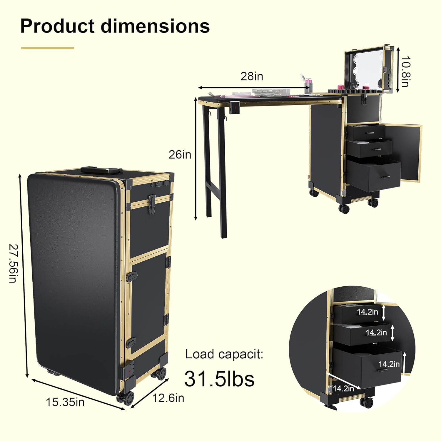 Professional Rolling Travel Portable Nail Art Table with LED Mirror, 3 Lockable Drawers, with Wheels Handle for Mobile Nail Techs & Salon Use,Telescopic Pole Foldable Manicure Station,Black&Gold